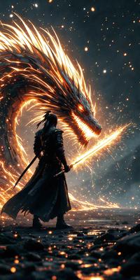 The primary subject of the image is a person, likely a warrior or a character from a fantasy game, standing in front of a large, fiery dragon. The setting appears to be a dark, possibly magical, environment. The visual style of the image is digital art, with the dragon and the person depicted in a detailed and realistic manner. The colors and mood of the image are dramatic and intense, with the bright flames of the dragon creating a sense of danger and excitement.